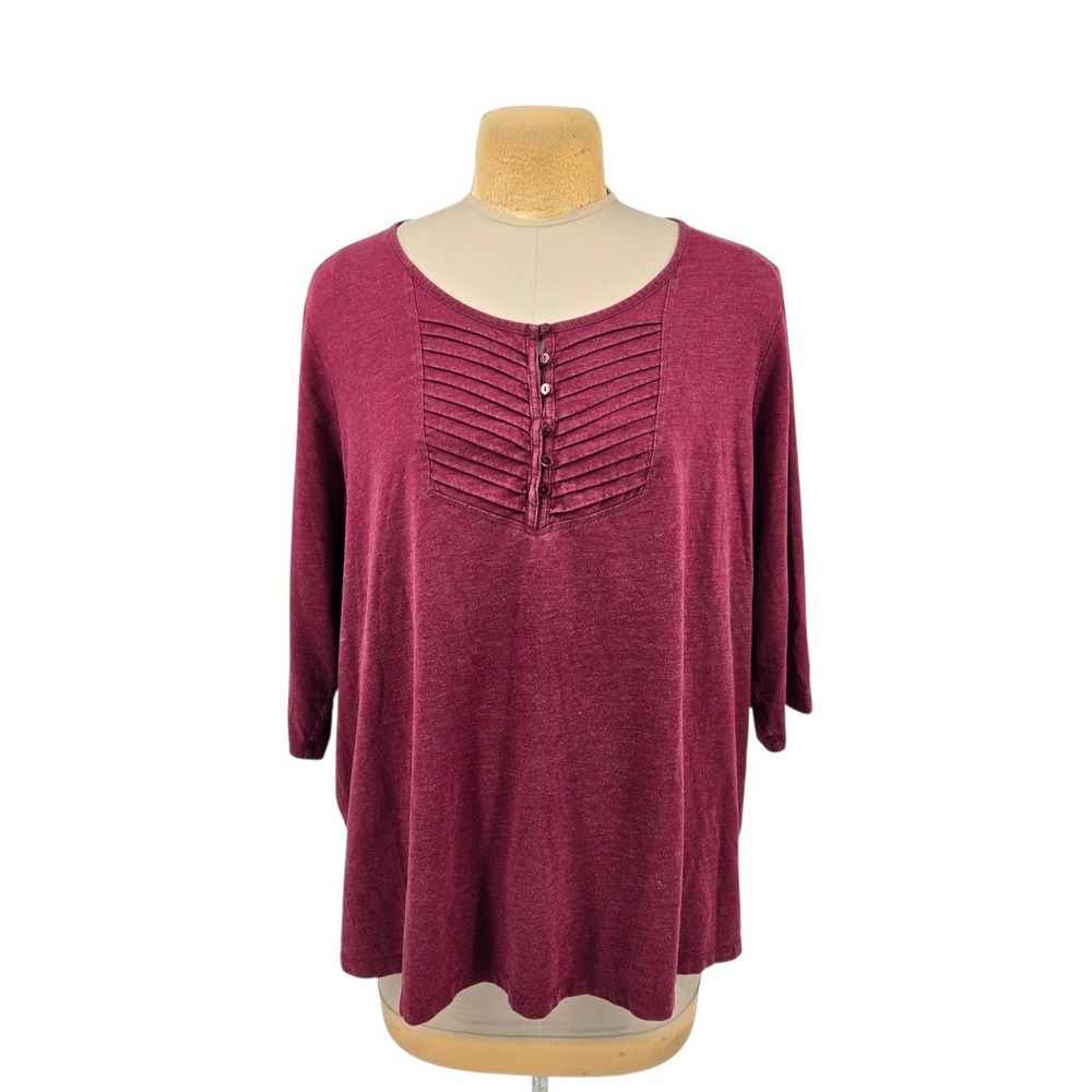 Catherines Henley Top Women 3X Burgundy Pintuck 3/4 Sleeve Casual Blouse